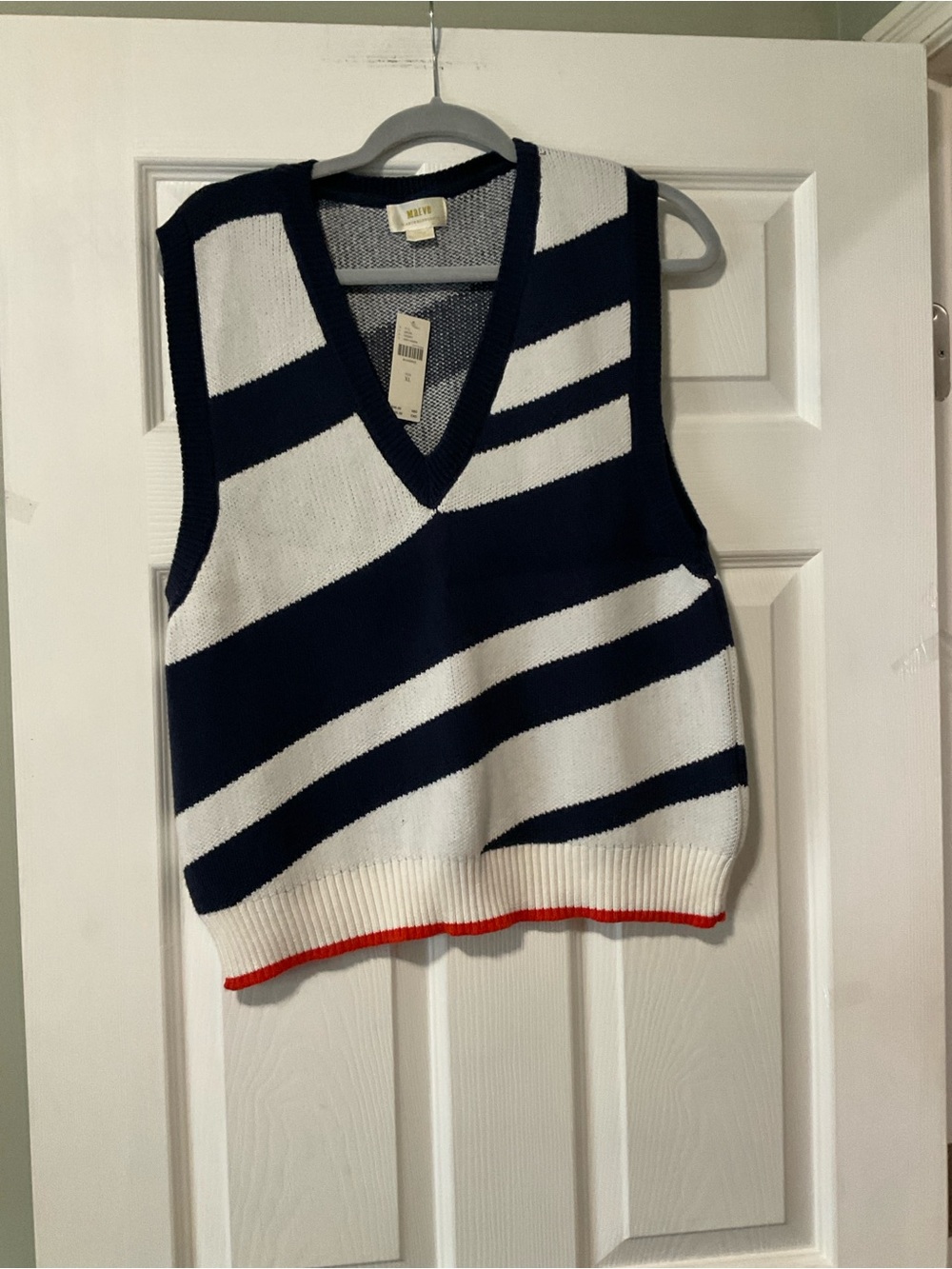 Sleeveless Navy & White Striped V-Neck Sweater Vest